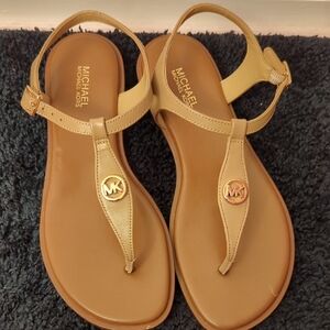 Michael Kors Tan T-Strap Sandals with Ankle Buckle